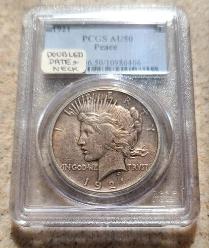 1921 Peace Dollar PCGS AU50~ Vam 1-Y EDS Doubled Date & Neck~ Tough Coin
