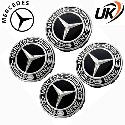 4x Mercedes Black Alloy Wheel Centre Hub Caps 75mm A B C E S M Class ML ...