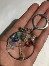 STUNNING MIXED GEMSTONE CHARKA TREE OF LIFE ON KEY CHAIN/BAG BLING 
