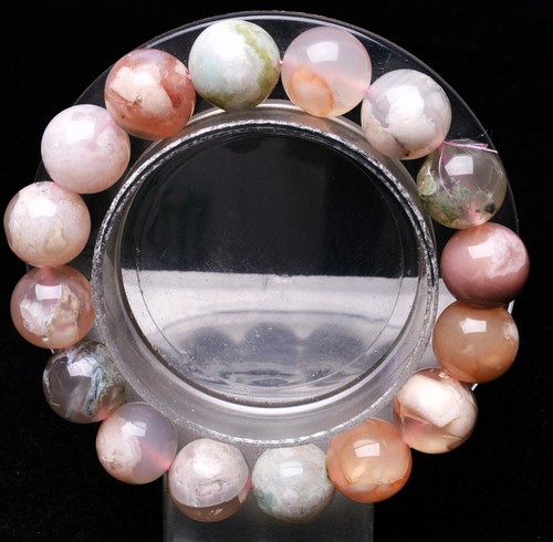 12.6mm Natural Cherry Blossom Agate Quartz Crystal Gemstone Round Beads Bracelet