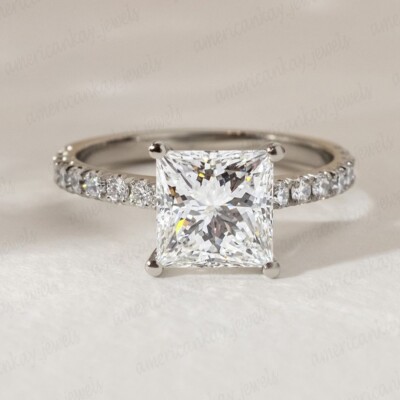 1.89 TCW Princess Cut Moissanite 4 Prong Engagement Ring 14k White Gold Plated