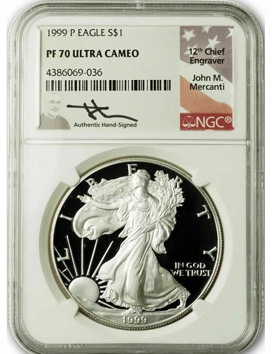 1999-P American Silver Eagle NGC PF70 UCAM Mercanti Signed