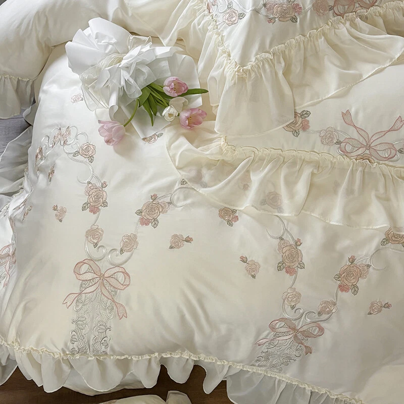 Bedding Set 4 Pieces Embroidery Lace Flower Duvet Cover Flat Sheet 2 Pillowcases - Image 4 of 4