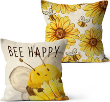 Spring Summer Sunflower Bee Happy Throw Pillow Covers 18x18 Set of 2, Spring The