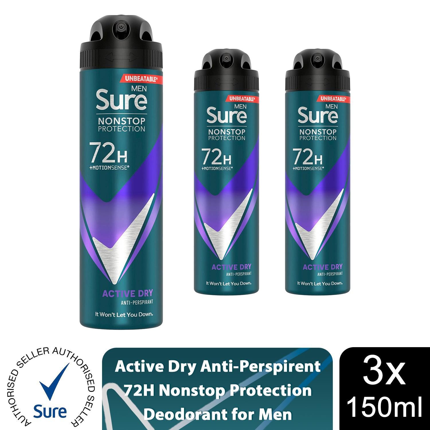 Sure Men Nonstop Protection 72H Anti-Perspirant Deodorant Active Dry 150ml, 3pk