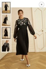 Size 8 Love & Roses Black Floral Embelllished Pleated Midi Dress