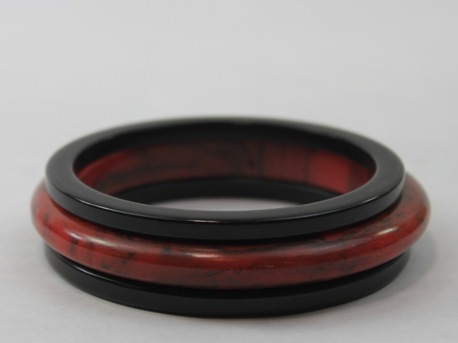 Bakelite Bangle Stack Set Red and Black Swirl Dom… - image 1