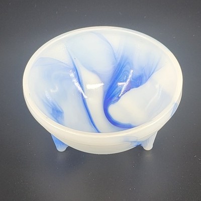 Akro Agate Blue & White Swirl Slag Glass Three Footed Bowl Marbled Cup 3.5'' Vtg