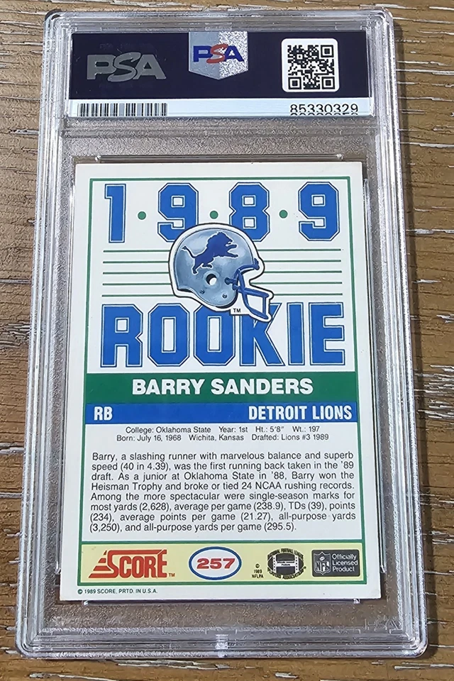 Tarjeta automática de novato Score Barry Sanders 1989 #257 autógrafo de Detroit Lions PSA 10 Foto 2 de 2