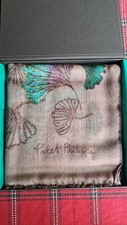 Patek Philippe Cashmere Floral Stole Scarf Beige Fringe Logo Woven