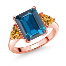 8.32 Ct London Blue Topaz Yellow Citrine 18K Rose Gold Plated Silver Ring