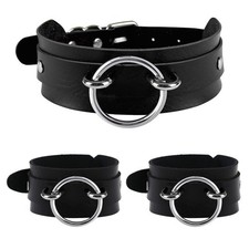 Black Wide Soft Faux Leather Collar Choker Adjustable Thick PU Necklace and B...