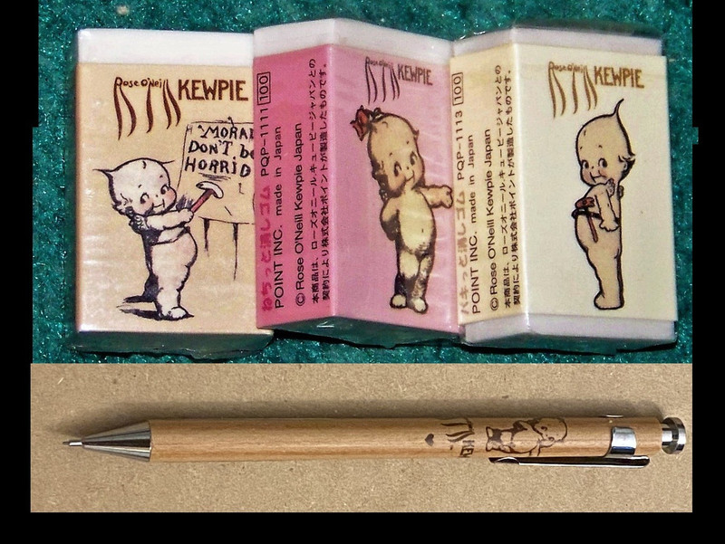 Wag Mechanical Pencil + 3 Rose O'Neill Kewpie Erasers Measuring 1-1/2  x  1 inch