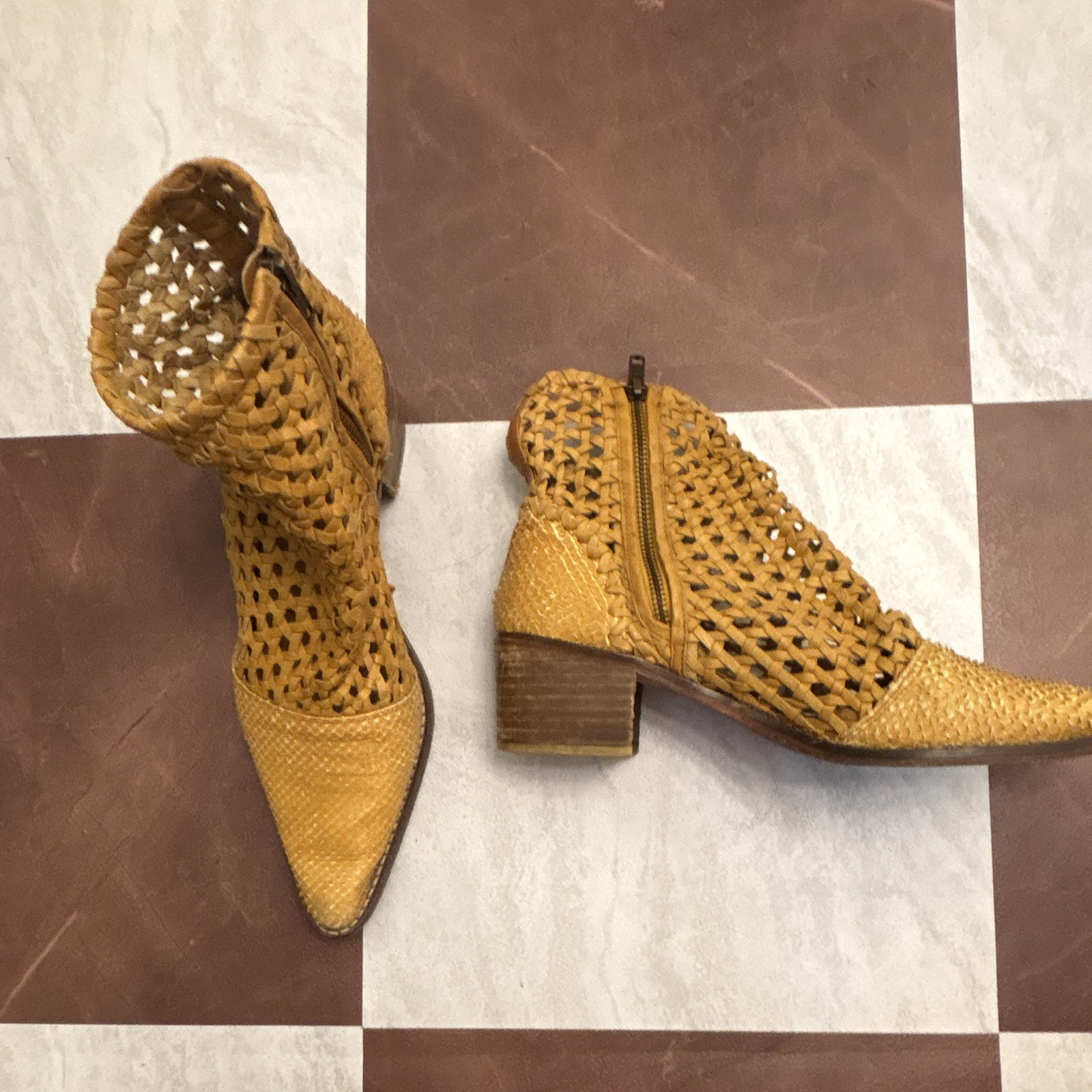Free People Women's Tan Woven Leather Pointed Toe Zip Mid-Calf Bootie 8.5