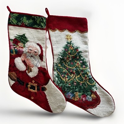 TWO VINTAGE NEEDLEPOINT CHRISTMAS STOCKINGS ONCE SOLD AT MERVINS OLD STOCK