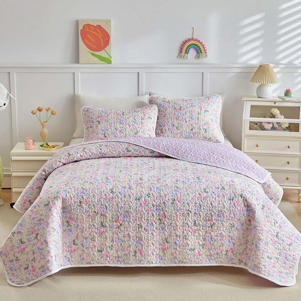 Juego de edredón de algodón de 3 piezas para niñas, talla Queen púrpura y rosa flores violeta... Foto 3 de 4