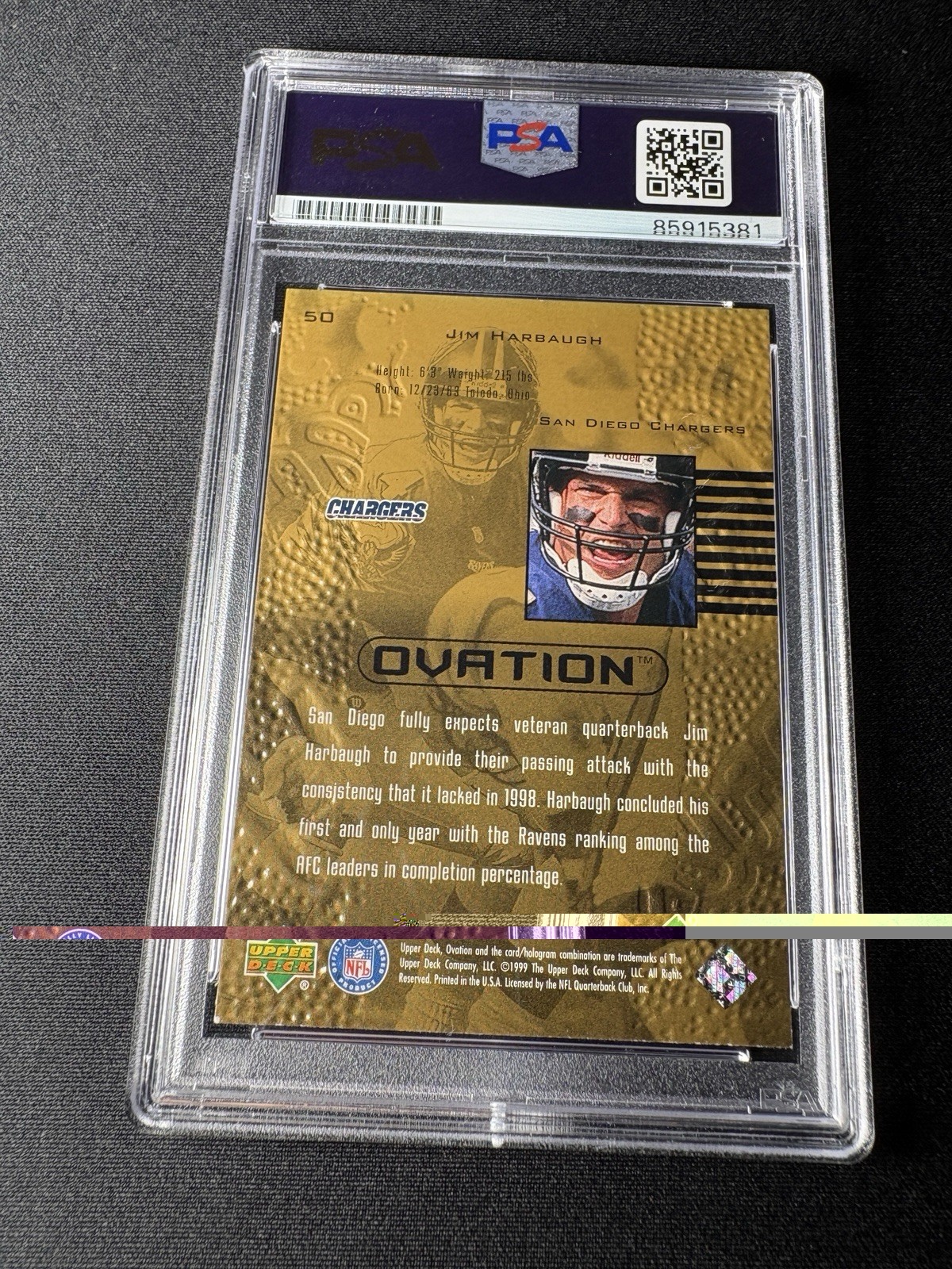 Jim Harbaugh Autographed 1999 Upper deck Card Chargers Bears Ravens 49ers PSA view 2