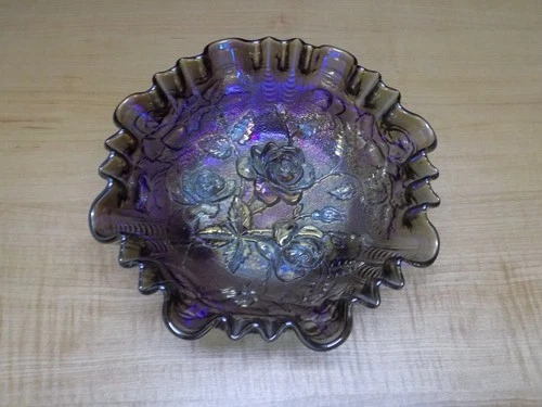 Imperial Glass Open Rose Smoke Purple Carnival Double Crimped 3 Toed Bowl