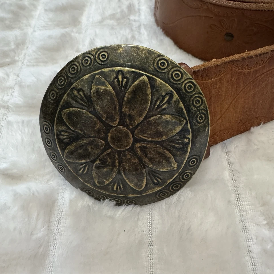 LINEA PELLE Mujer XL Cinturón Cuero Marrón con Hebilla Costuras Floral Boho Western Foto 2 de 4