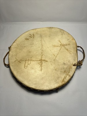 Vintage Native American 19  Tribal Drum Leather Stretched Double Sided Drum