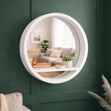 White Round Mirror with Shelf Wall Mounted Versatile Bathroom Bedroom Home Decor