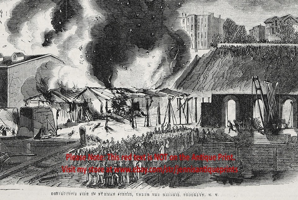 Brooklyn Heights New York City Fire, 1850s Antique Engraving Print