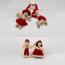 3 Vintage Handmade Red Yarn Santa Christmas Ornament Holiday Primative