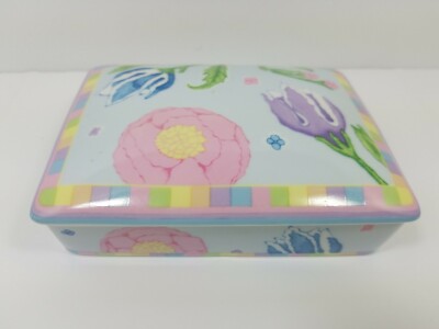 Vintage Horchow Playing Card Holder 2 Decks Porcelain Box Tulip FLowers Japan