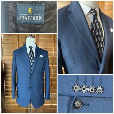 Stafford Travel Stretch 36R Mens Sport Coat Blazer Button Solid Navy Wool  Poly