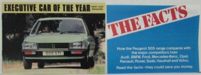 1980 Peugeot 505 Executive Car of the Year Sales Brochure with Comparison Insert