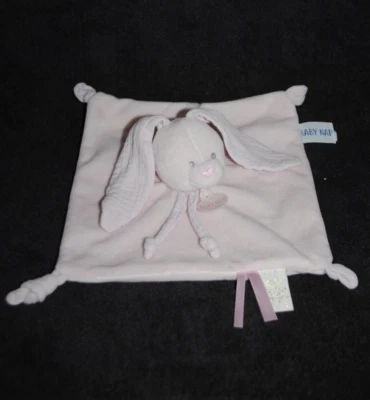 Doudou plat lapin BABY'NAT BABYNAT rose velours lange Misty attache tétine TTBE - Photo 1/2