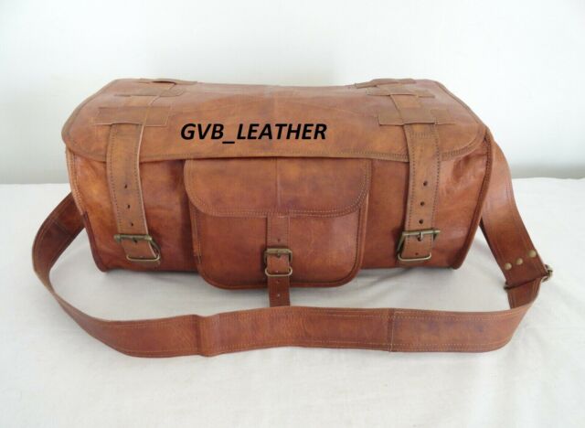 Men Brown Vintage Genuine Travel Luggage Duffel Gym Bags Tote Goat Leather Bag
