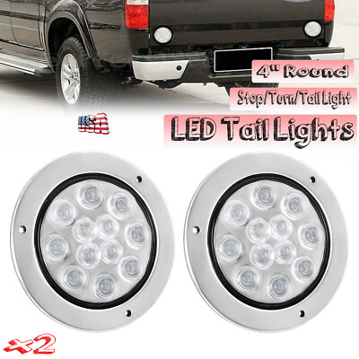 2X 4'' Round 12 LED Stop Turn Brake Tail Light Flush Mount Truck Trailer Grommet