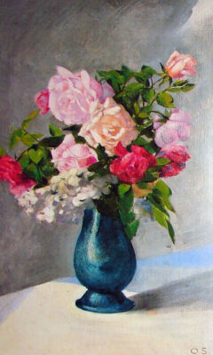 A VASE OF GLADIOLUS AND DAHLIAS FLOWERS ART PAINTING BY OSKAR SCHLEMMER REPRO
