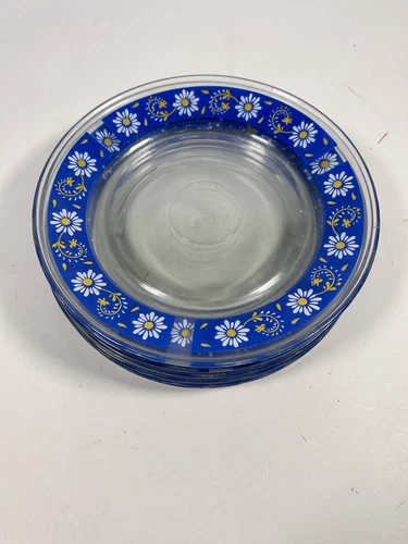 Vintage Set Of  7 Crisa Libbey DAISY White Blue Floral Glass 7 3/8” Salad Plates
