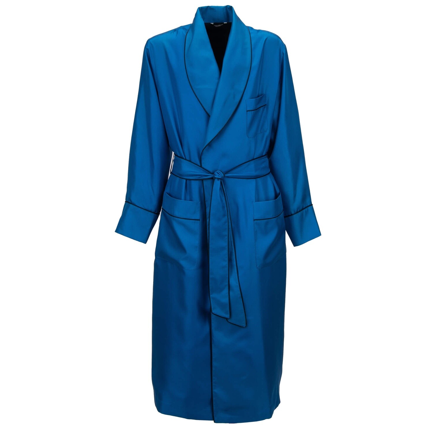 DOLCE & GABBANA Classic Silk Coat Gown Robe with Belt Blue Black 12408
