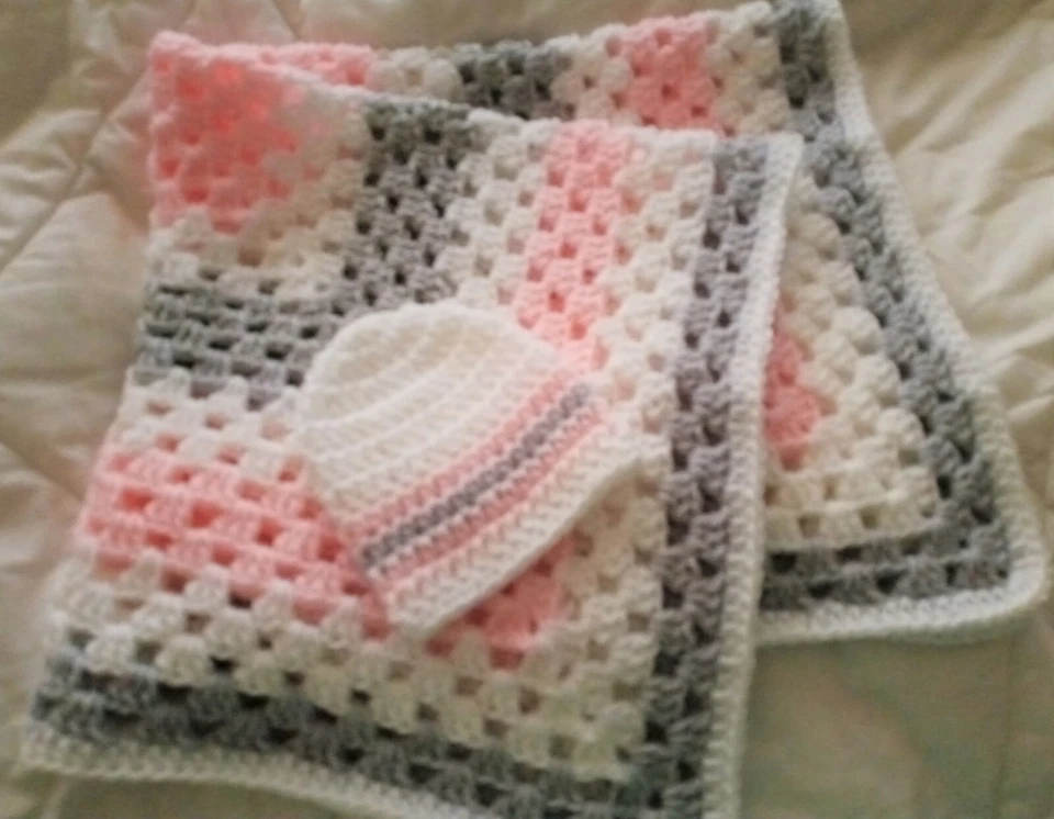 Juego de manta de bebé de ganchillo, sombrero de bebé, rosa bebé, gris y blanco, manta para regazo, niña Foto 3 de 3