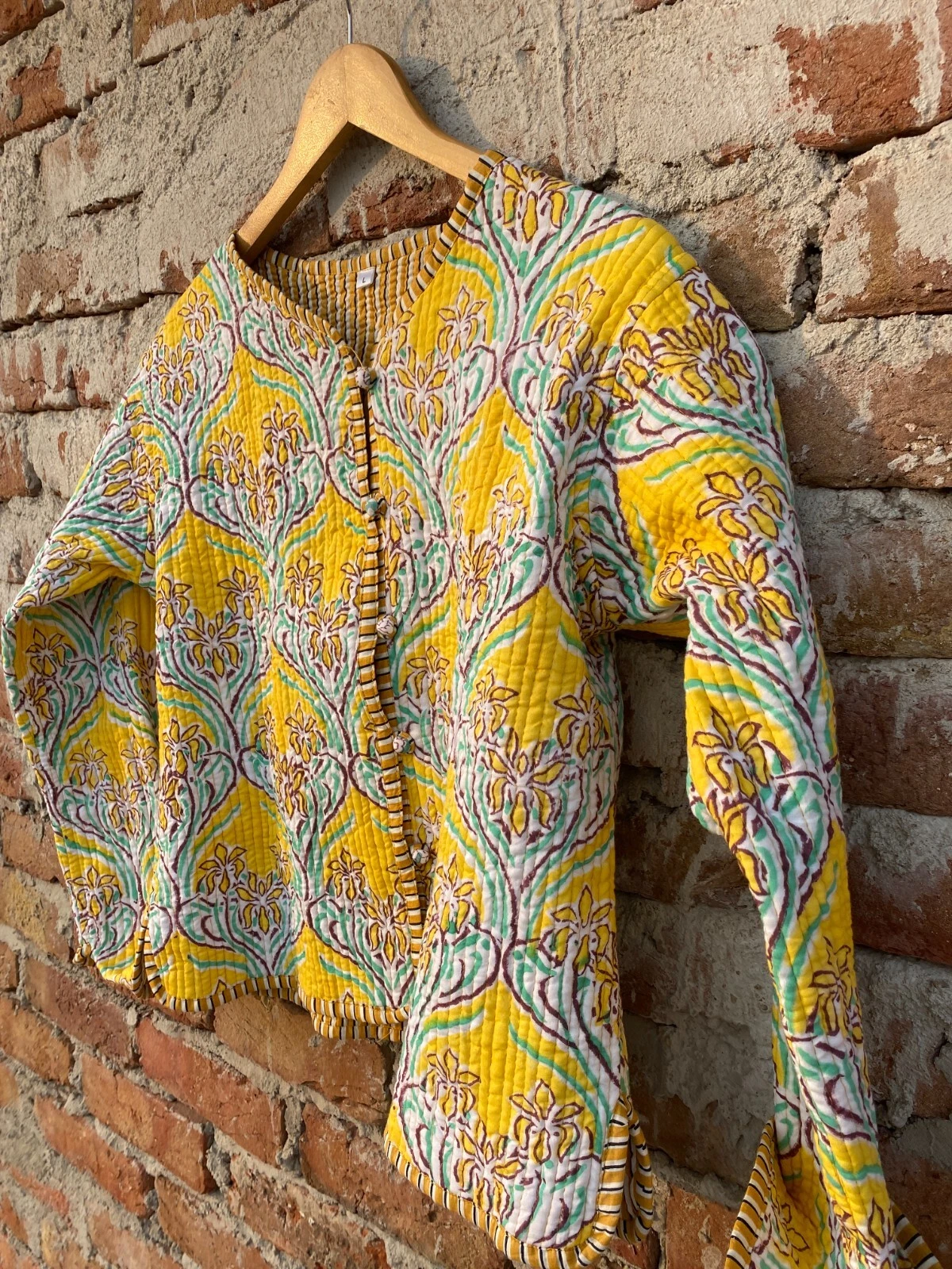Indian Yellow Floral 100%Cotton Quilted Unisex Jacket Women's Clothing Jacket US