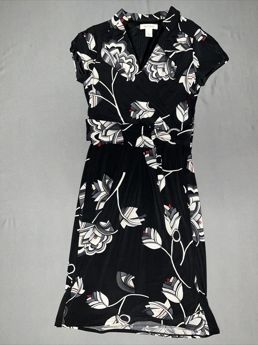 WHITE HOUSE BLK MKT LADIES BLK WHITE W SPLASH OF BROWN FLORAL DRESS SZ4 -855