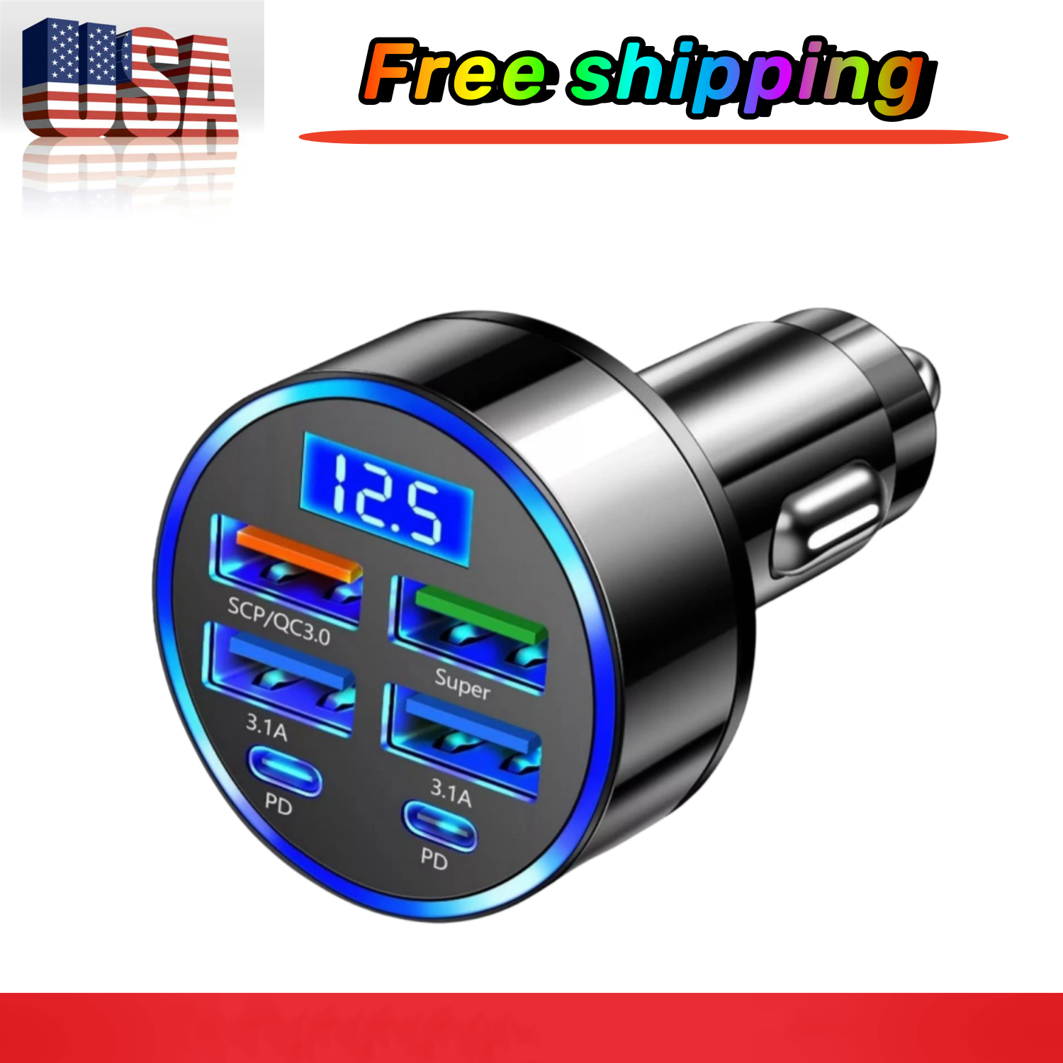 4-Port Super Fast USB Car Charger for iPhone Samsung Android