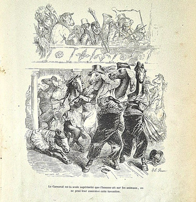 Alte Original-Holzstich J.J. Grandville 1842 Tanzende Pferde Karneval Balzac
