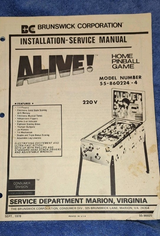 Brunswick ALIVE Pinball Service Manual model number 55-860224-4