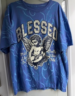 OG Hustle Blessed Angel Graphic Tee Mens 2XL Blue Purple Flame Print T-Shirt