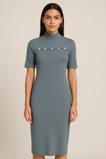 SHEIN Mock Neck Fitted Ribbed Dress Faux Pearl Accents Grayish Blue Sz XL