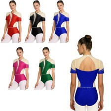 Women Leotard Patchwork Bodysuit Ballet Dancewear Mesh Dance Back Shiny Design