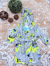 BTPEIHTO Boys Hooded Fleece Robe Gray Yellow Blue Truck Print 1-2 Years