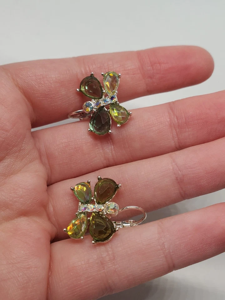 Avon Green Iridescent Faceted Butterfly Earrings Y2K Aurora Borealis - Image 2 of 4