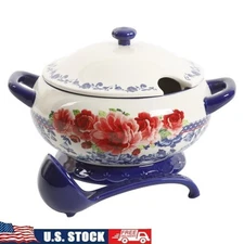 Ceramic Soup Tureen W/ Ladle Vintage Floral Design Food Safe Serving Dish Blue