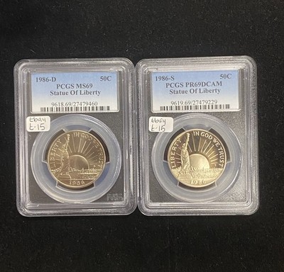 1986 D MS 69 & 1986 S PR69DCAM Statue Of Liberty 50c Graded Slab