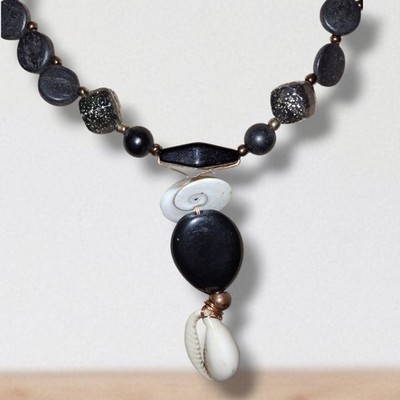 Handmade eye Shiva & cowrie Shell Bead Necklace wood, stone, confetti resin